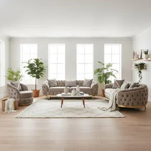 Sofa -Set MIRA mit Knopfheftung in 5 edlen Farbvarianten 3-Sitzer + 3-Sitzer + Sessel Farbe: Beige