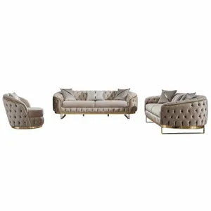Sofa -Set MIRA mit Knopfheftung in 5 edlen Farbvarianten 3-Sitzer + 3-Sitzer + Sessel Farbe: Beige