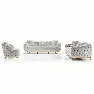 Sofa -Set MIRA mit Knopfheftung in 5 edlen Farbvarianten 3-Sitzer + 3-Sitzer + Sessel Farbe: Hellgrau