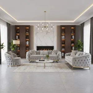 Sofa -Set MIRA mit Knopfheftung in 5 edlen Farbvarianten 3-Sitzer + 3-Sitzer + Sessel Farbe: Hellgrau