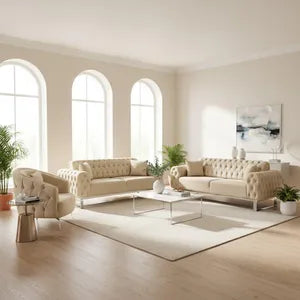 Sofa Set Jumeirah 3-Sitzer+3-Sitzer+Sessel in Samtstoff Spar-Set, in 5 Stofffarben & 3 Fußvarianten erhältlich Farbe: Beige