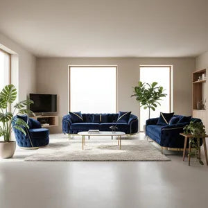 Sofa -Set MIRA mit Knopfheftung in 5 edlen Farbvarianten 3-Sitzer + 3-Sitzer + Sessel Farbe: Blau