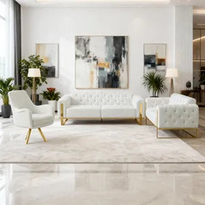 Sofa Set Liva 3+2+1 in Velvet-Stoff, 3-Sitzer mit Schlaffunktion I Weiß-Gold