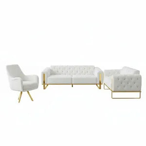 Sofa Set Liva 3+2+1 in Velvet-Stoff, 3-Sitzer mit Schlaffunktion I Weiß-Gold