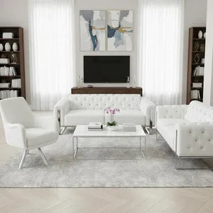 Sofa Set Liva 3+2+1 in Velvet-Stoff, 3-Sitzer mit Schlaffunktion I Weiß-CHROM