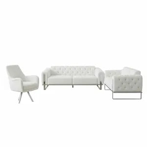 Sofa Set Liva 3+2+1 in Velvet-Stoff, 3-Sitzer mit Schlaffunktion I Weiß-CHROM