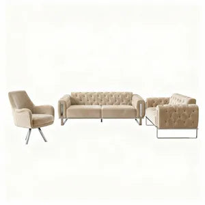 Sofa Set Liva 3+2+1 in Velvet-Stoff, 3-Sitzer mit Schlaffunktion I Beige-Chrom
