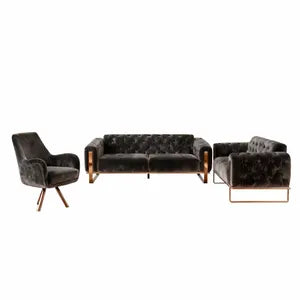 Sofa Set Liva 3+2+1 in Velvet-Stoff, 3-Sitzer mit Schlaffunktion I Dunkelgrau-Bronze