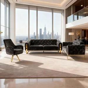 Sofa Set Liva 3+2+1 in Velvet-Stoff, 3-Sitzer mit Schlaffunktion I Dunkelgrau-Gold