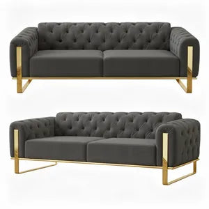 Sofa Set Liva 3+2+1 in Velvet-Stoff, 3-Sitzer mit Schlaffunktion I Dunkelgrau-Gold