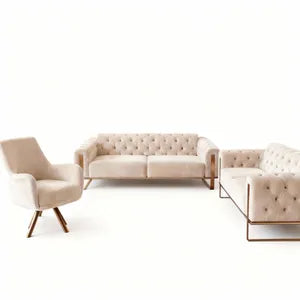 Sofa Set Liva 3+2+1 in Velvet-Stoff, 3-Sitzer mit Schlaffunktion I Beige-Bronze