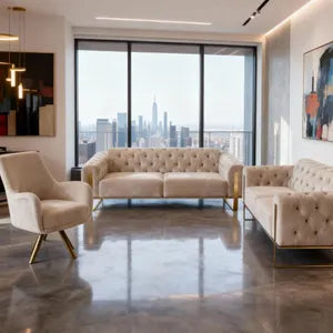 Sofa Set Liva 3+2+1 in Velvet-Stoff, 3-Sitzer mit Schlaffunktion I Beige-Gold